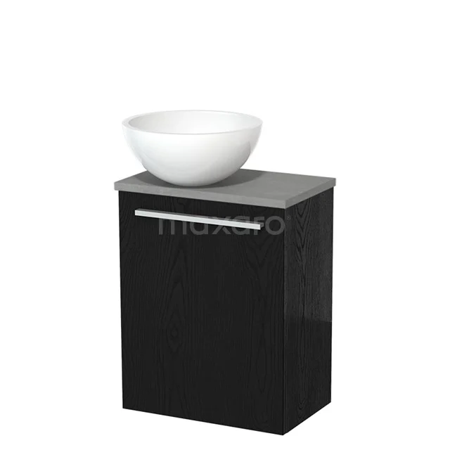 Zwarte badkamermeubelset met glanzende kast, grijs blad en ronde witte waskom, ideaal voor een moderne badkamerstijl.