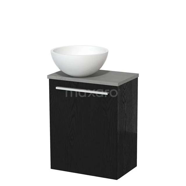 Zwart badkamerkastje met grijze top en witte wastafelschaal, modern design met handgreep in chroom.