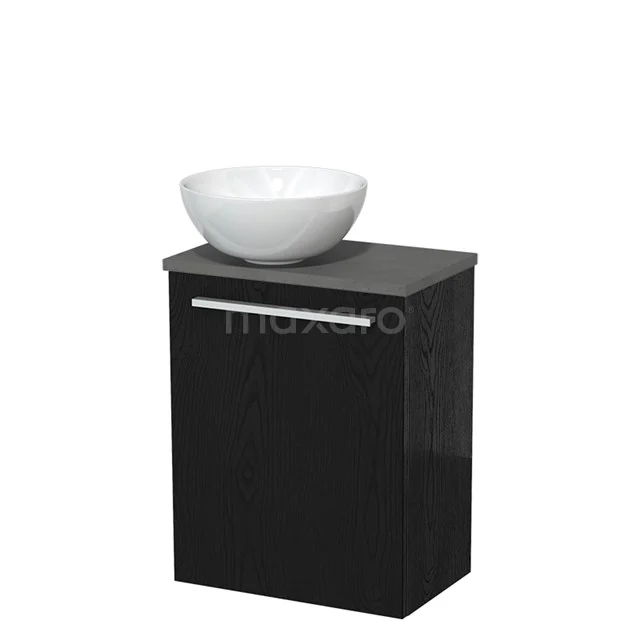 Zwart badkamermeubel met witte ronde waskom, metalen handgreep, compact design; ideaal voor moderne badkamerinrichting.