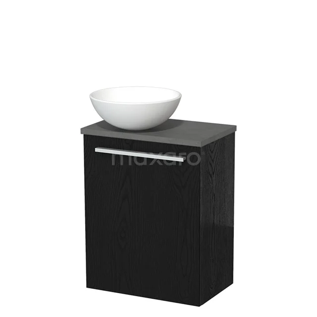 Zwart badkamermeubel met witte wastafelkom, modern design, geschikt voor compacte badkamers, strakke aluminium handgreep.