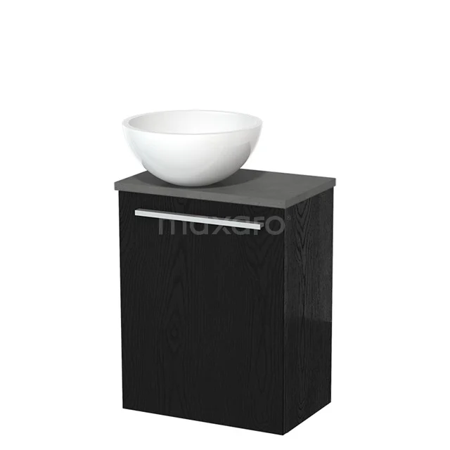 Zwart badkamermeubel met witte opzetwastafel, modern design, voorzien van chromen handgreep en mat zwarte afwerking.