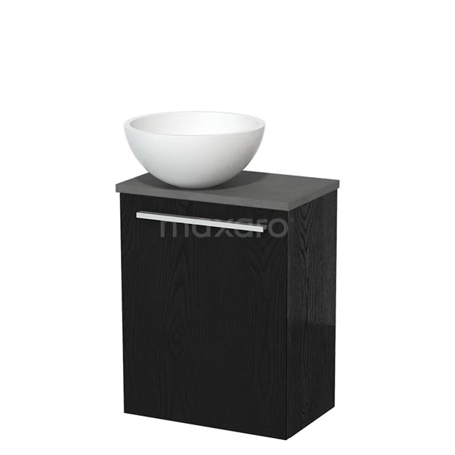 Zwarte badkamerkast met witte, ronde wastafel van keramiek, modern design, ideaal voor compacte badkamers.