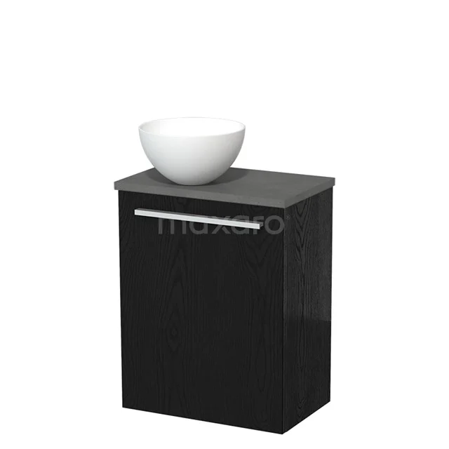 Zwarte houten badkamermeubel met witte waskom bovenop, moderne stijl, ideaal voor compacte badkameropstellingen.