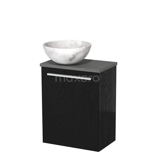 WC-Möbel mit Aufsatzwaschbecken | 41 cm Schwarze Eiche Glatte Front Weißer Marmor Naturstein Aufsatzwaschbecken Dunkelgrauer Beton Platte TMK10-13275 Schwarzer Badschrank mit marmoriertem Aufsatzwaschbecken, modernes Design und silberfarbener Haltegriff, ideal für stilvolle Badezimmerlagerung.