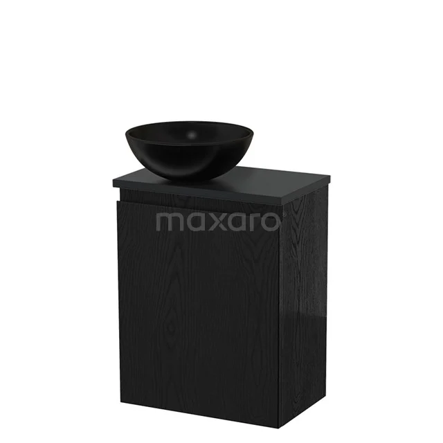Zwart badkamermeubel met mat zwarte wastafel, compact design van hout, ideaal voor moderne en kleine badkamers.