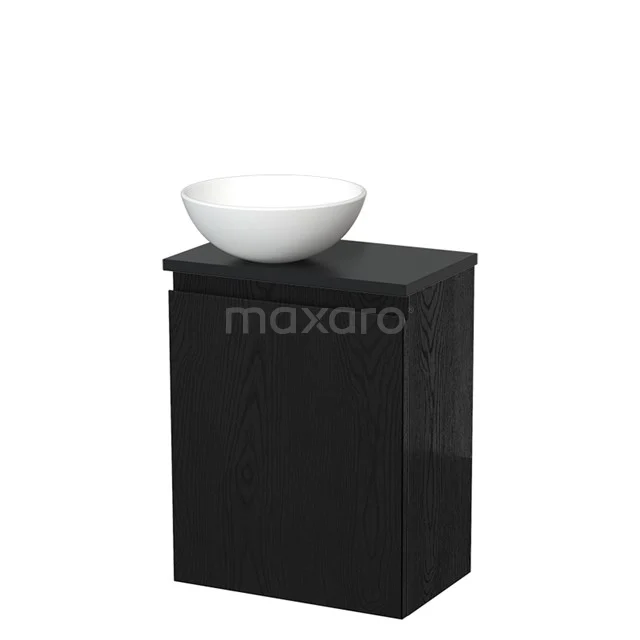 Zwart badkamermeubel met houten afwerking en ronde witte waskom, ideaal voor moderne badkamerinrichtingen.