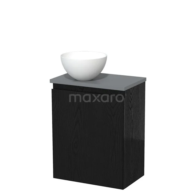 Zwart badkamermeubel met matgrijze wastafelblad en witte keramische kom, modern ontwerp, geschikt voor compacte badkamers.