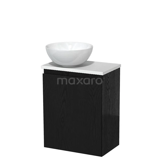 Zwarte badkamermeubelkast met witte marmeren wastafel, compacte designstijl ideaal voor moderne badkamers.