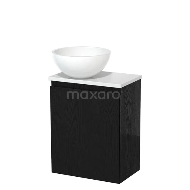 Zwart badkamermeubel met witte waskom op marmeren blad, strak design ideaal voor moderne badkamers.