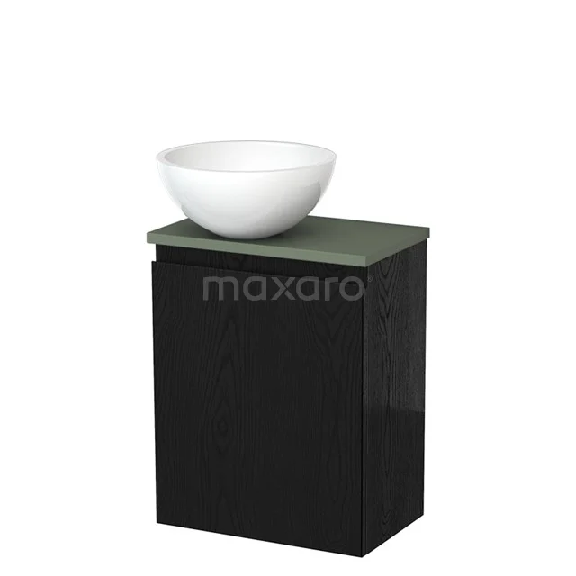 Zwart badkamermeubel met groen werkblad en witte wastafelkom; modern design, perfect voor een stijlvolle badkamer.