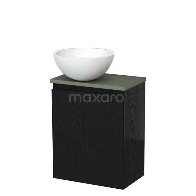 Zwarte badkamerkast met groen blad en witte opzetwaskom uit de moderne badkamermeubelserie, stijlvol en compact ontwerp.