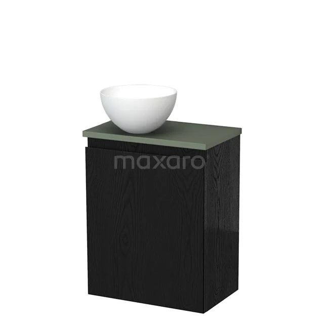 Zwarte badkamerkast met groen blad, keramische witte waskom; modern design, perfect voor stijlvolle badkameropslag.