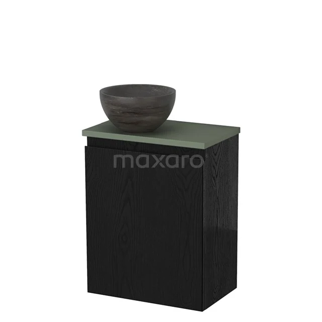 Zwart badkamermeubel met groene wastafelblad en donkergrijze komvormige waskom, modern design van duurzaam hout.