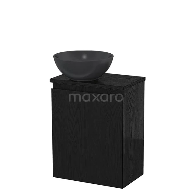 Zwart badkamermeubel met keramische waskom, compact ontwerp, ideaal voor moderne badkamers.