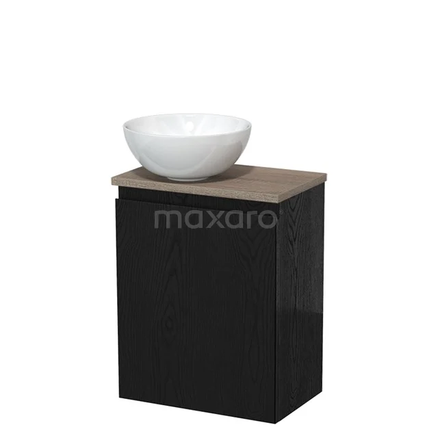 Zwart badkamermeubel met houtlook blad en wit keramische waskom, compact en stijlvol ontwerp voor moderne badkamers.