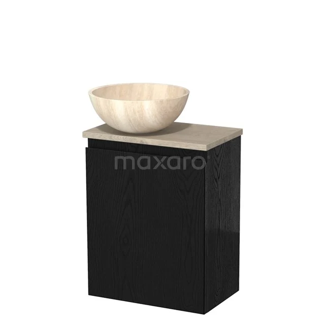 Zwart badkamermeubel met eiken blad en ronde natuurstenen waskom, modern design.