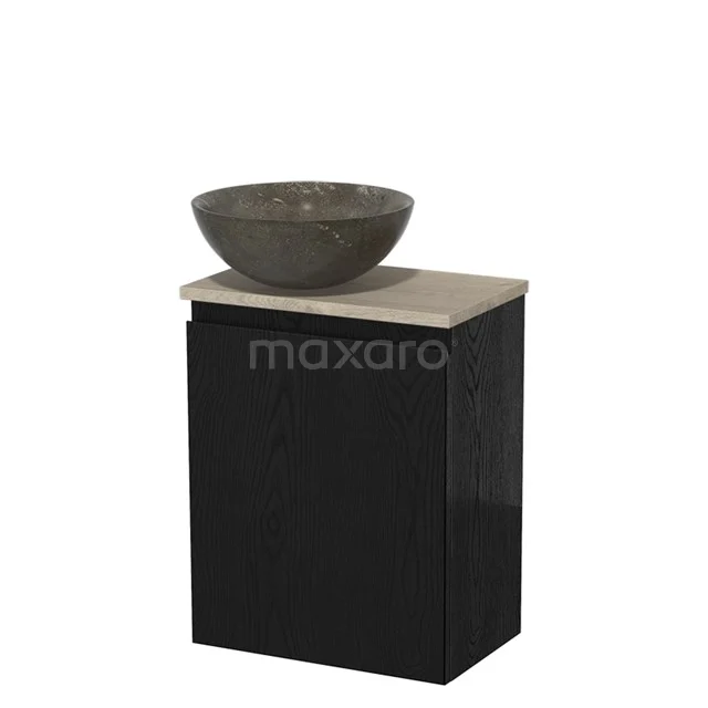 Toiletmeubel met waskom | 41 cm Zwart eiken Greeploos front Blue stone Natuursteen waskom Lichtgrijs eiken blad TMK10-13421