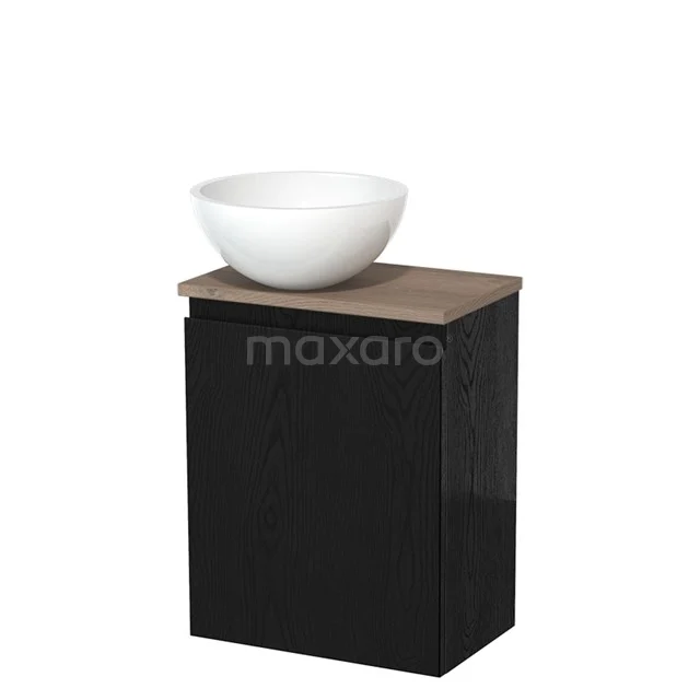 Zwart badkamermeubel met houtlook blad en ronde witte wastafel, compact design ideaal voor moderne badkamerstijl.