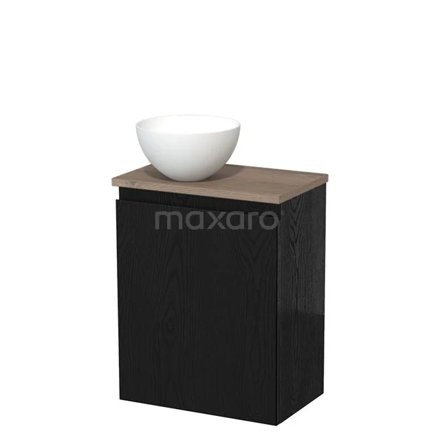 Zwarte badkamerkast met houten blad en witte waskom, compact design, ideaal voor moderne en kleine badkamers.