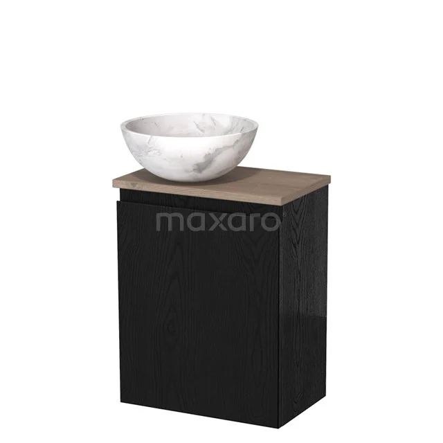 Zwart badkamermeubel met houtlook blad en witte marmeren waskom, moderne stijl voor compacte badkamers.