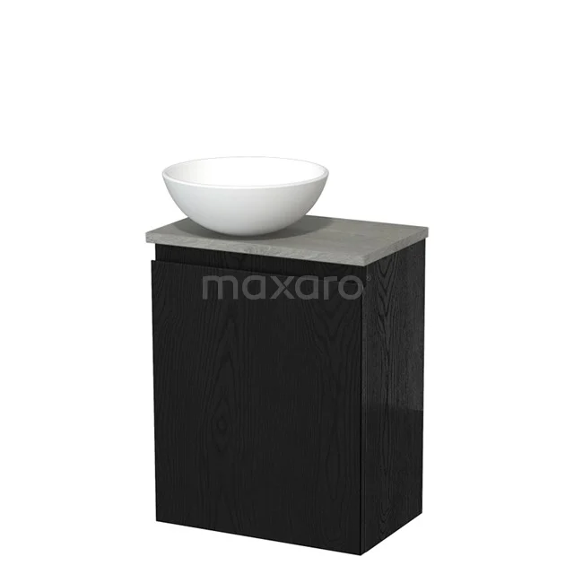 Zwart houten badkamermeubel met een grijze stenen blad en witte waskom, compacte design perfect voor moderne badkamers.
