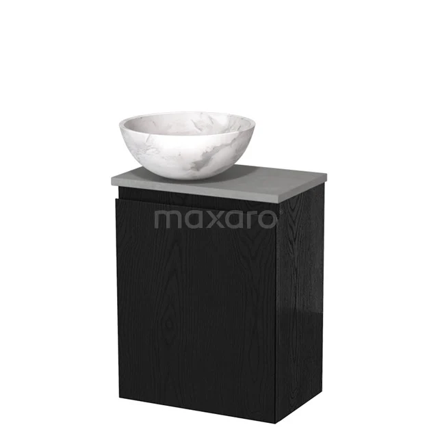 Zwart badkamerkastje met marmeren waskom, grijs blad en modern design, ideaal voor compacte en stijlvolle badkamerinrichtingen.