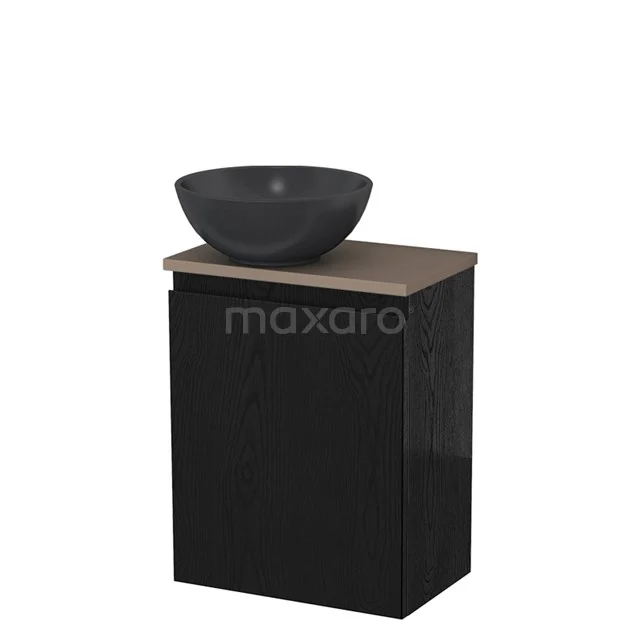 Zwart badkamerkastje met houtlook blad en een ronde grijze waskom van keramiek, compact design voor moderne badkamers.
