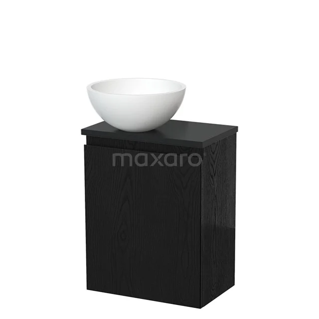 Zwart badkamermeubel met mat zwarte kast en witte keramische waskom, modern design en geschikt voor kleine badkamers.