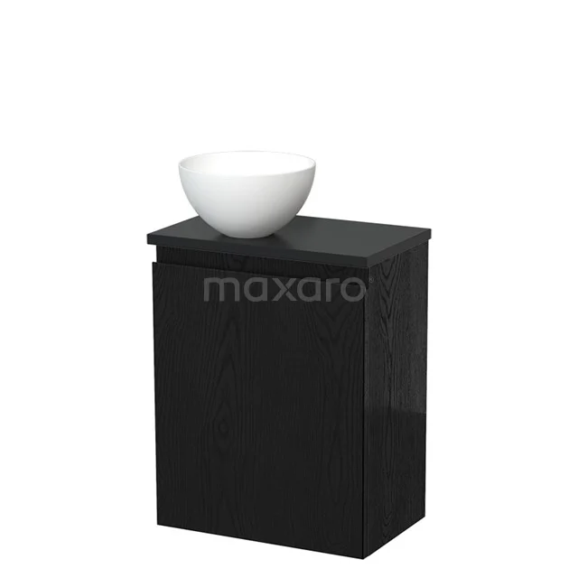 Zwart badkamermeubel met houtlook, witte ronde waskom, compact design ideaal voor moderne badkamers.