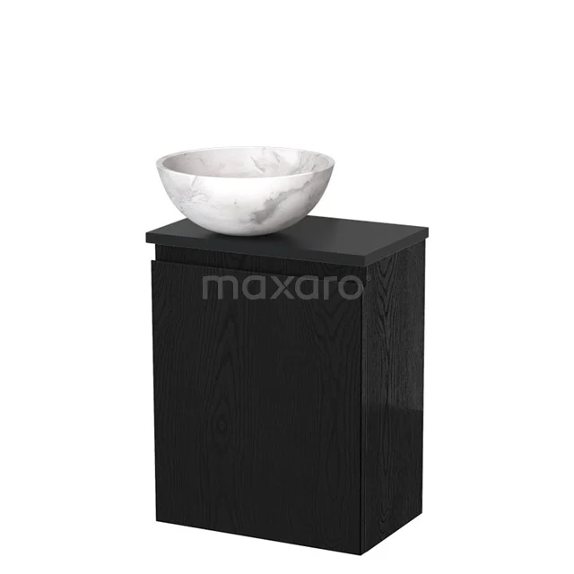 Zwart badkamermeubel met witte wastafelkom van keramiek, compact design geschikt voor kleine badkamers.