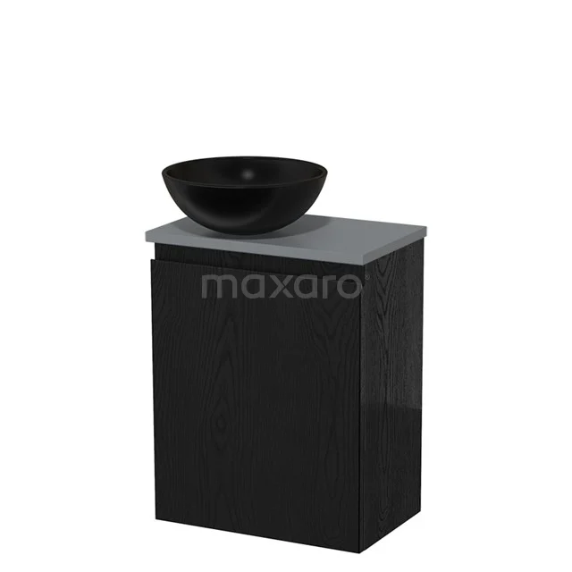 Zwart badkamermeubel met granieten wastafelkom, compact design en modern uiterlijk, ideaal voor een stijlvolle badkamer.