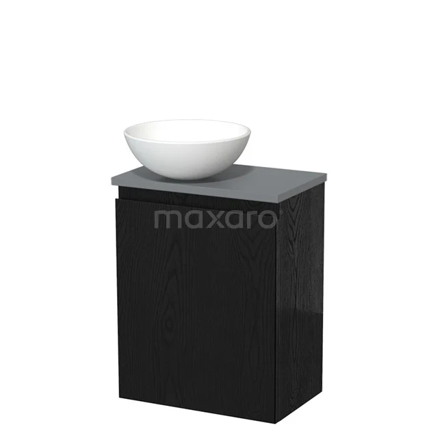 Zwart badkamermeubel met grijs stenen blad en witte waskom, modern design voor stijlvolle badkamerinrichting.