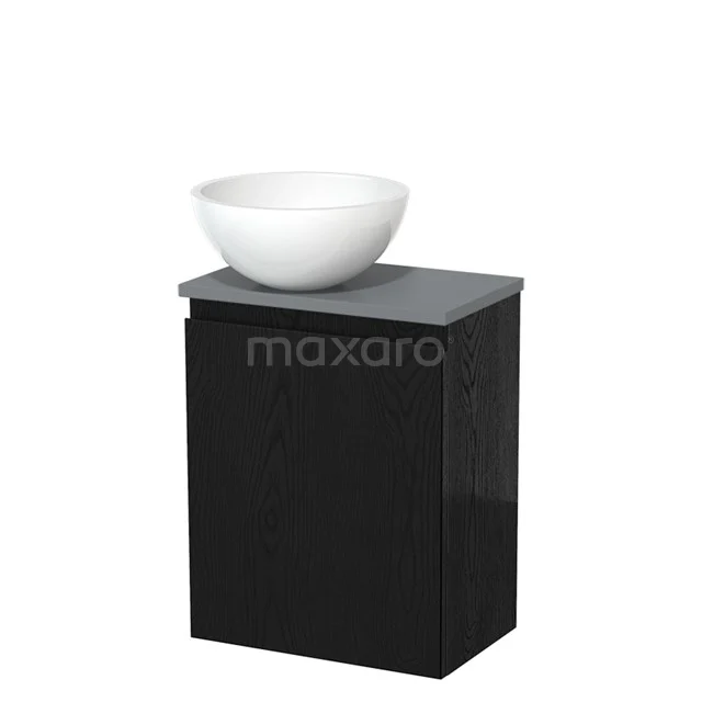 Zwarte badkamermeubelset met keramische wastafel en grijze blad, compact design perfect voor moderne badkamers.