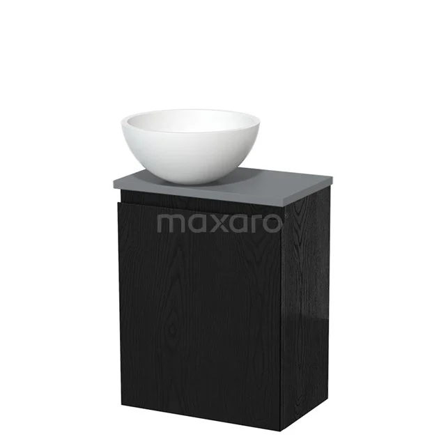 Zwarte badkamerkast met grijze bovenkant en ronde witte wastafelschaal, modern design voor stijlvolle badkamers.