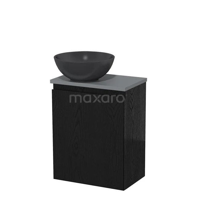 Zwart badkamermeubel met donkergrijze natuurstenen kom, perfect voor een moderne badkamerinrichting.