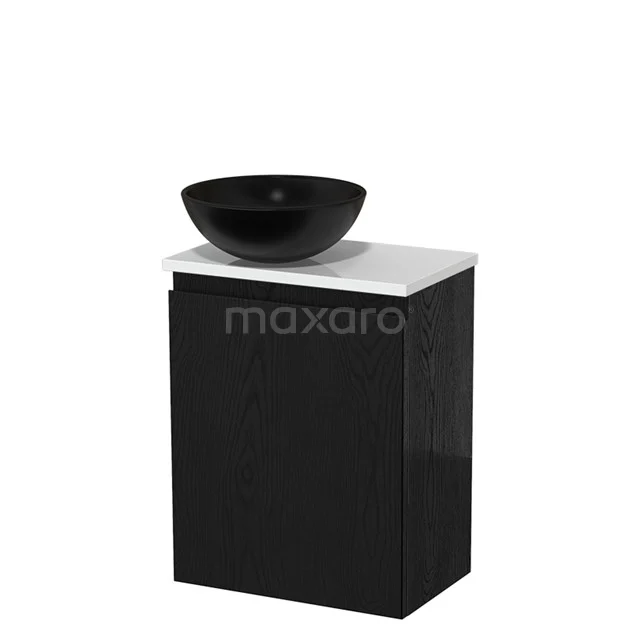 Zwarte badkamerkast met witte bovenplaat en zwarte ronde waskom, modern design, ideaal voor stijlvolle badkamerinrichting.