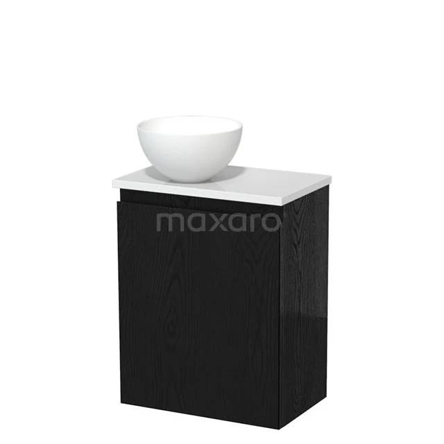 Zwarte badkamermeubel met witte keramische waskom, strak design en hoogglans afwerking, ideaal voor moderne badkamers.