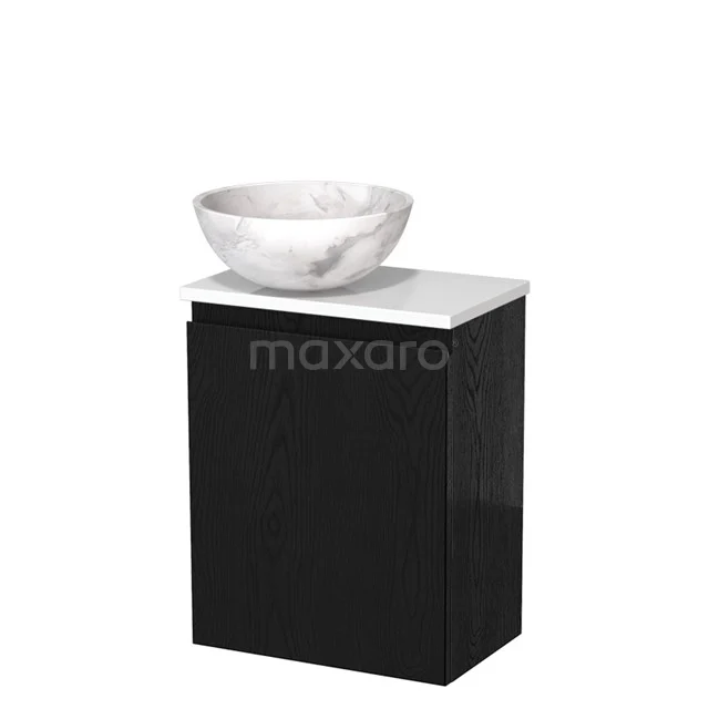 Zwarte badkamermeubelset met marmeren waskom, compact design en witte bovenplaat, ideaal voor moderne badkamers.
