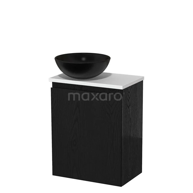 Zwarte badkamerkast met witte wastafelblad en matzwarte ronde waskom, ideaal voor moderne badkamers.
