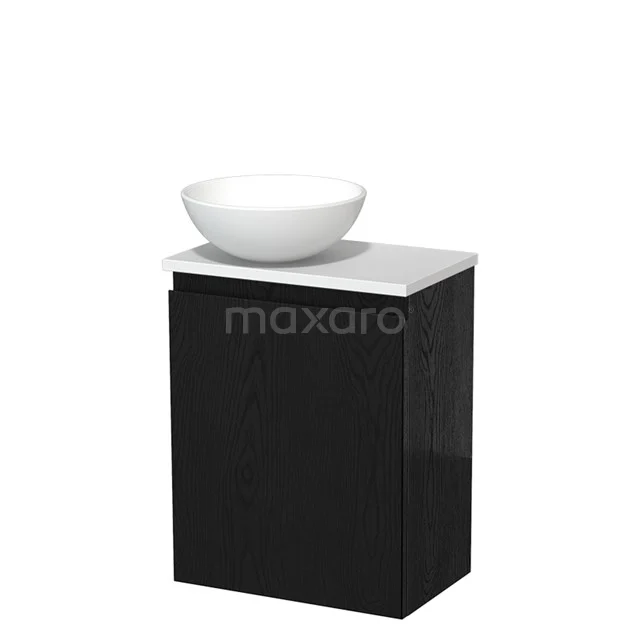 Zwart badkamermeubel met witte keramische opzetwaskom, compact ontwerp en moderne uitstraling, perfect voor kleine badkamers.