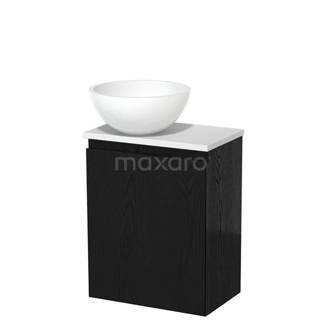 Zwart badkamermeubel met witte waskom, modern design, perfect voor een stijlvolle badkamerinrichting.