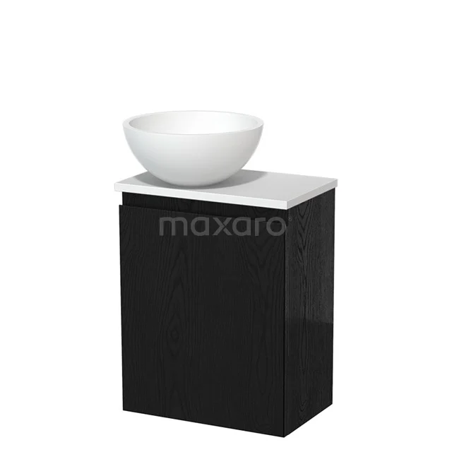 Zwarte badkamerkast met witte marmeren top en moderne waskom, compact design voor luxe badkamers.