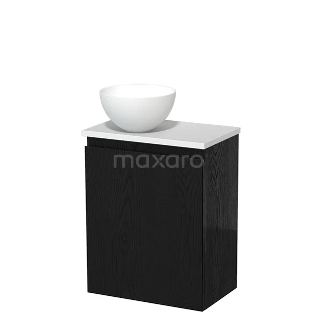 Zwarte badkamerkast met witte wastafelkom, strakke en moderne stijl, ideaal voor een stijlvolle en functionele badkamerinrichting.