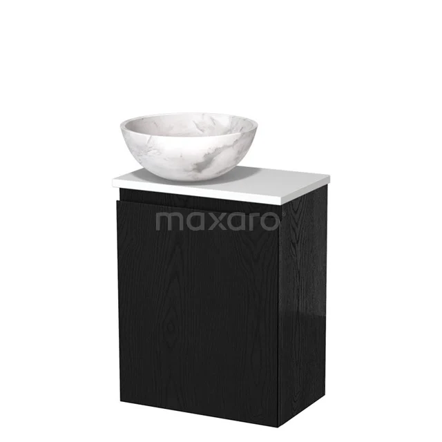 Zwart badkamerkastje met witte wastafelkom van keramiek, modern design met marmeren uitstraling, ideaal voor compacte badkamers.