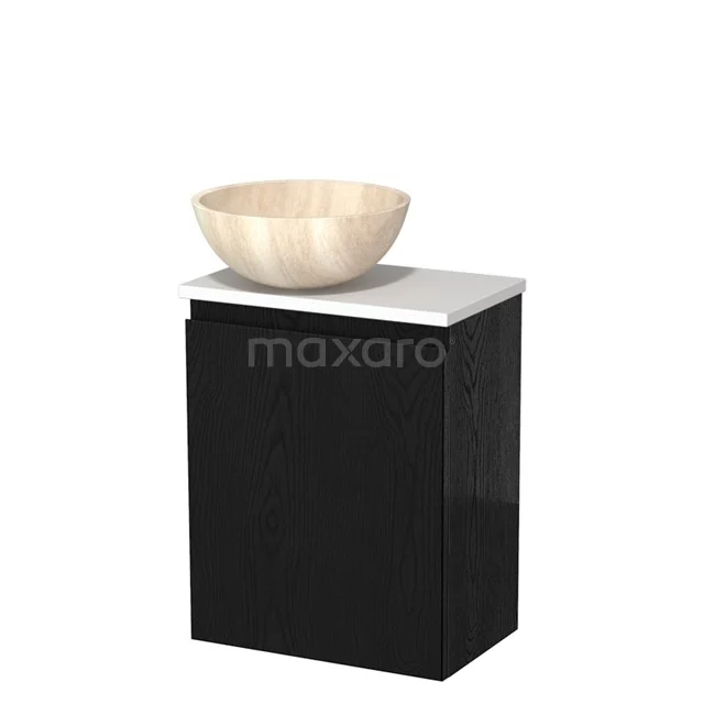 Zwarte badkamerkast met marmeren blad en zandkleurige waskom, modern design ideaal voor een stijlvolle badkamerinrichting.