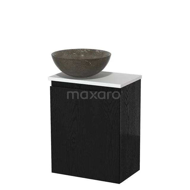 Zwart badkamermeubel met zwart granieten waskom en wit marmeren blad, ideaal voor moderne badkamerinrichting.
