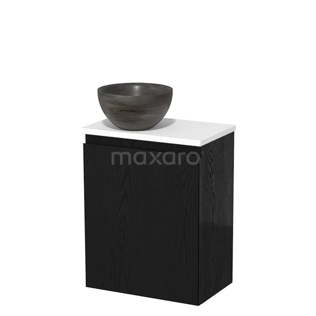 Zwart badkamermeubel met witte wastafelblad en ronde antraciet wastafelkom, strak design van hoogwaardig materiaal.