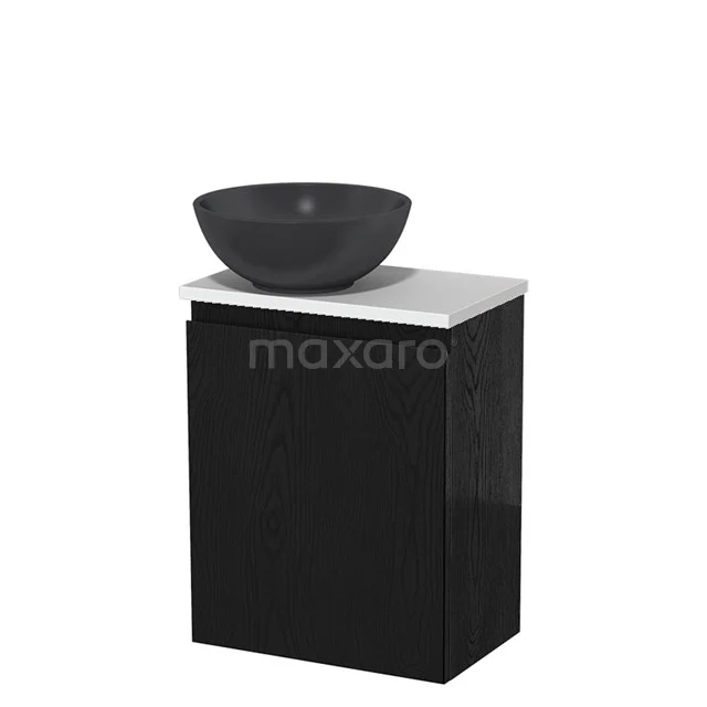 Zwart badkamermeubel met kast, witte wastafel en grijze komvormige waskom van keramiek; compact en modern design.
