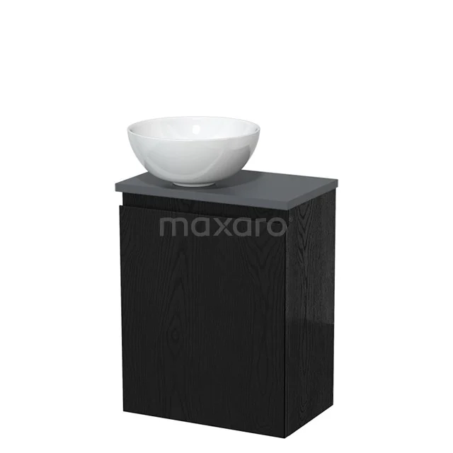 Zwart badkamerkastje met matzwarte afwerking, witte keramische waskom en softclose-deur, ideaal voor een moderne badkamer.