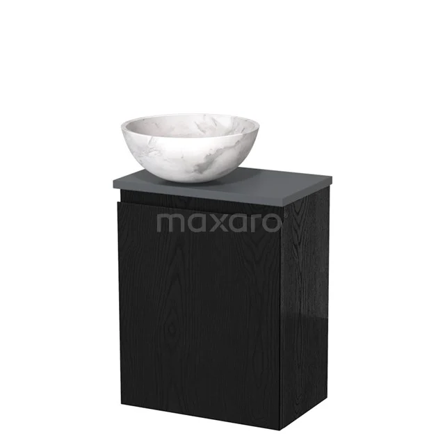 Zwart badkamermeubel met mat marmeren waskom, compact design, ideaal voor moderne en stijlvolle badkamerinrichtingen.